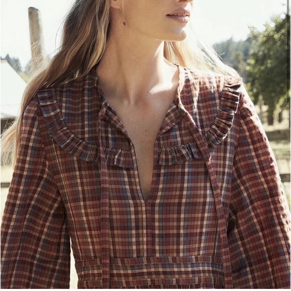 DOEN HONEY COTTON MIDI MAXI DRESS BLUE AUTUMN PLAID XS S - Picture 5 of 5